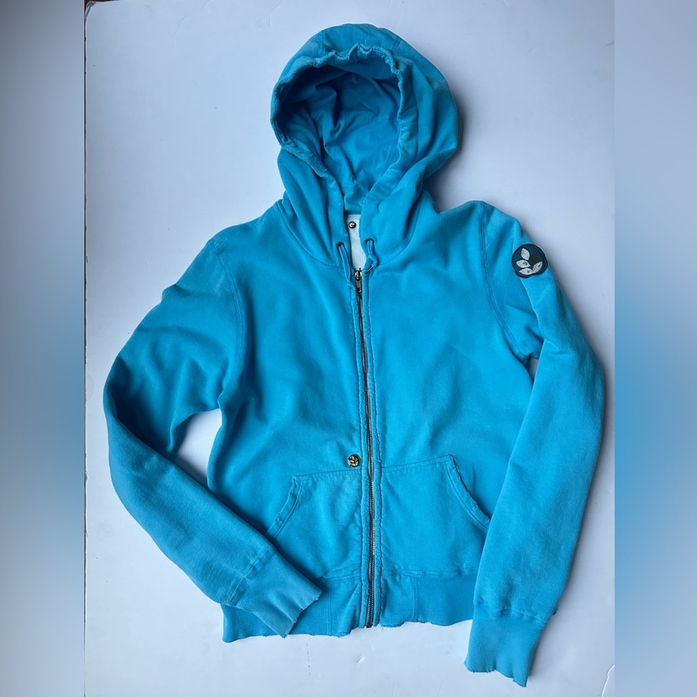 EVER Turqoise Zip Distressed Hoody with Patch and Pin. Size Medium. 100% Cotton